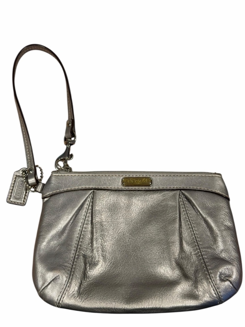 Coach Simone Metallic Silver Leather Pleated Wristlet -EUC•F46484